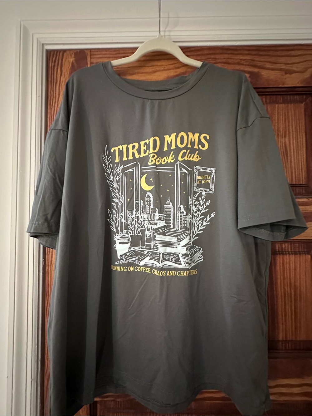 SHEIN Gray "Tired Moms Book Club" Graphic Tee with Yellow and White Print